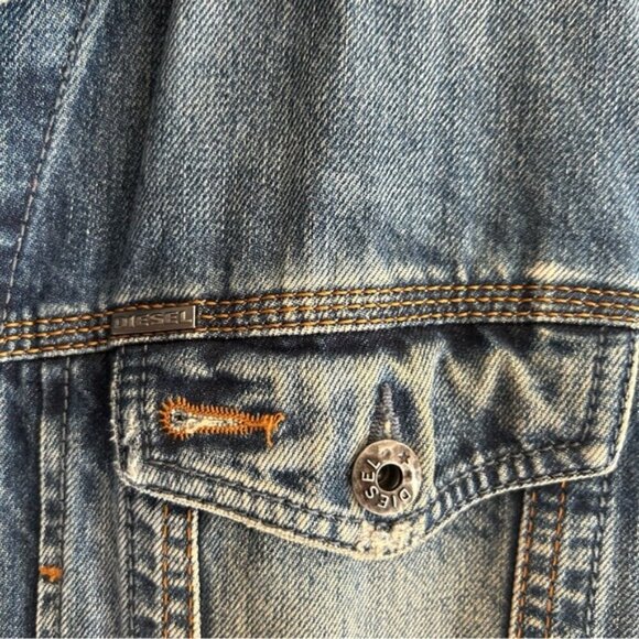 DIESEL Elshar Denim Distressed Jacket Blue Cow Leather Collar Biker - Picture 15 of 15